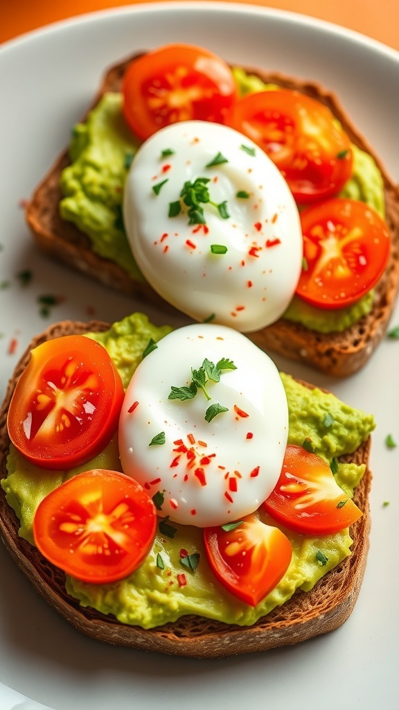 Healthy avocado toast on whole-grain bread topped with tomatoes and poached egg, garnished with herbs.